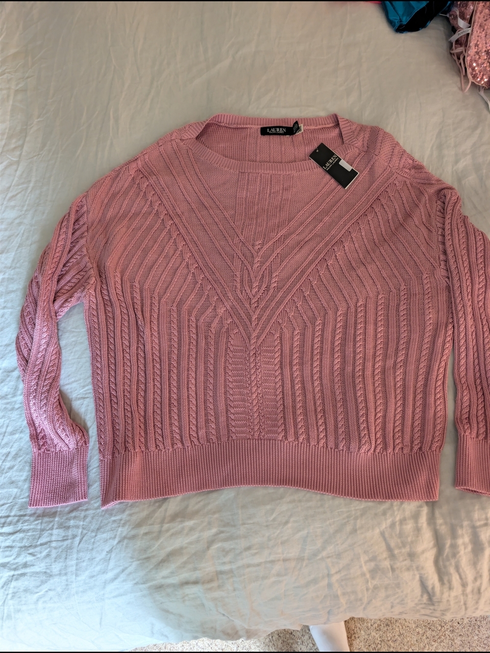 NWT Lauren Ralph Lauren Rose Mauve Chevron Cable Knit V-Neck Sweater XXL
